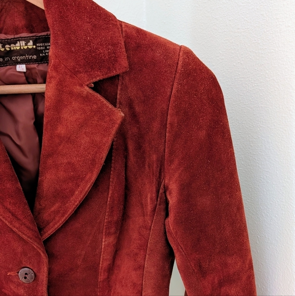 Vintage Authentic Leather Suede Collared Button Down Blazer In Rust/Burnt Orange - Picture 3 of 9
